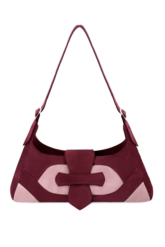 Burgundy red and carnation pink women's dress handbag, matching pumps and belts. Top view - Florence KOOIJMAN